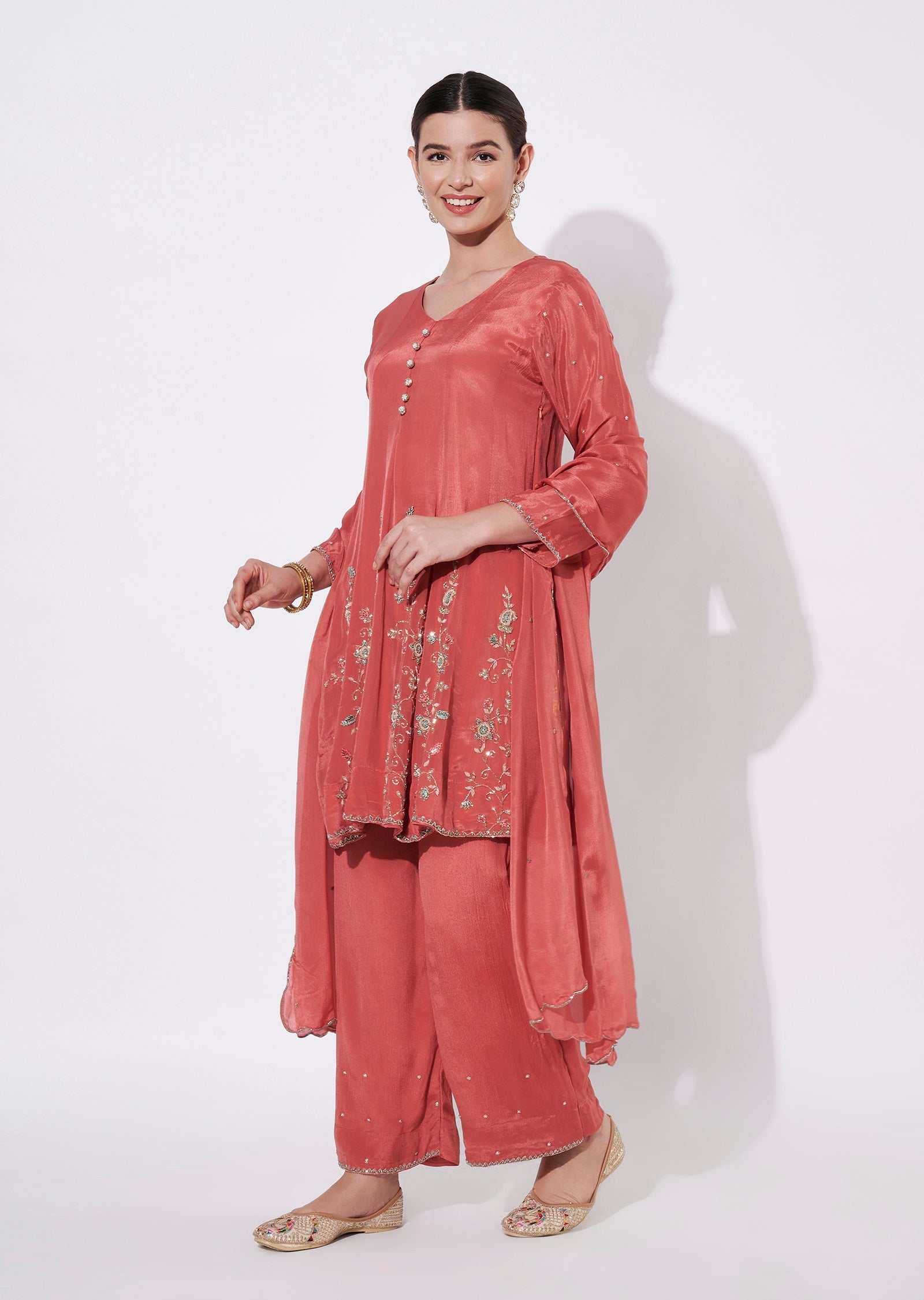 Coral Silk Short Kurti Set