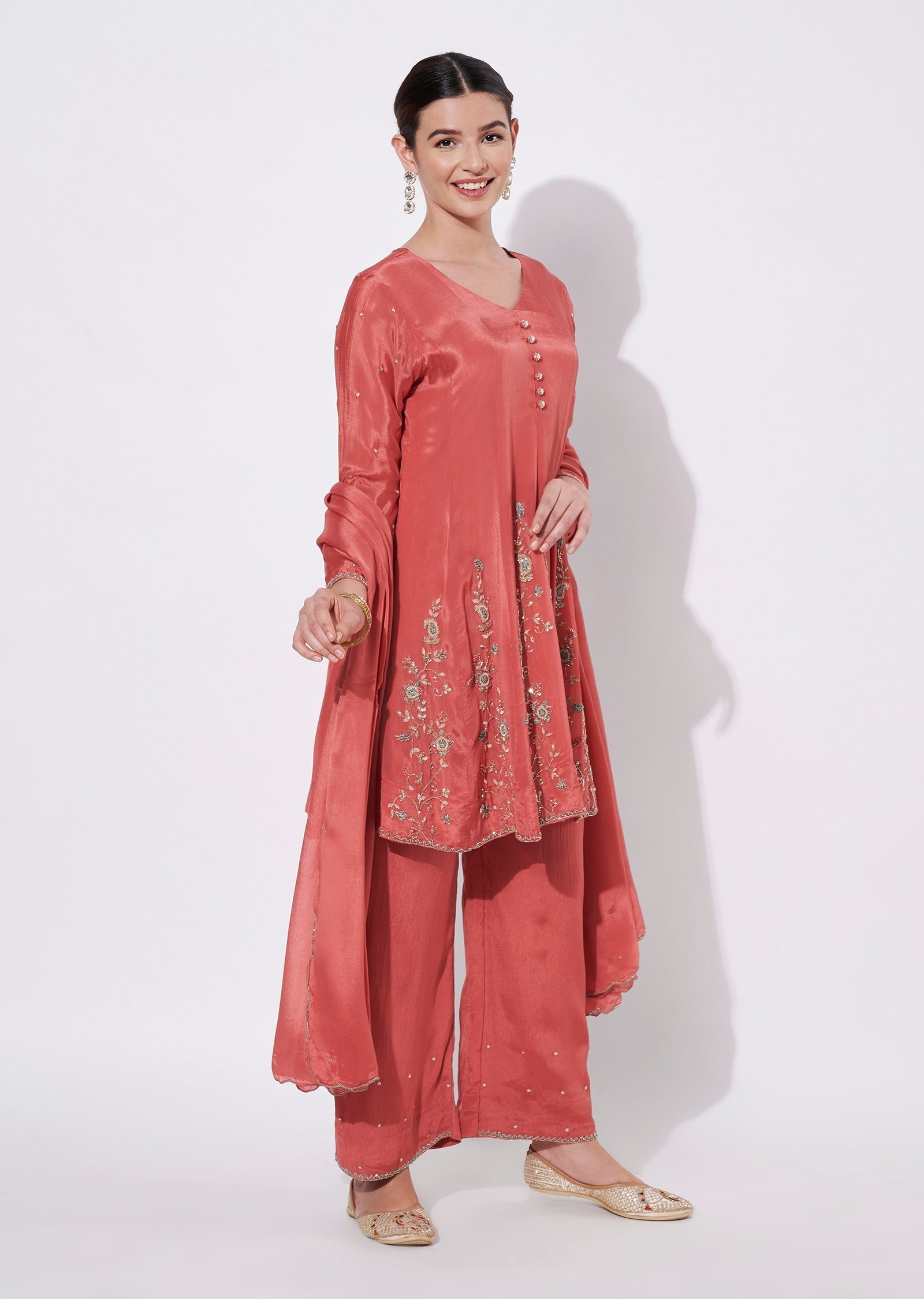 Coral Silk Short Kurti Set