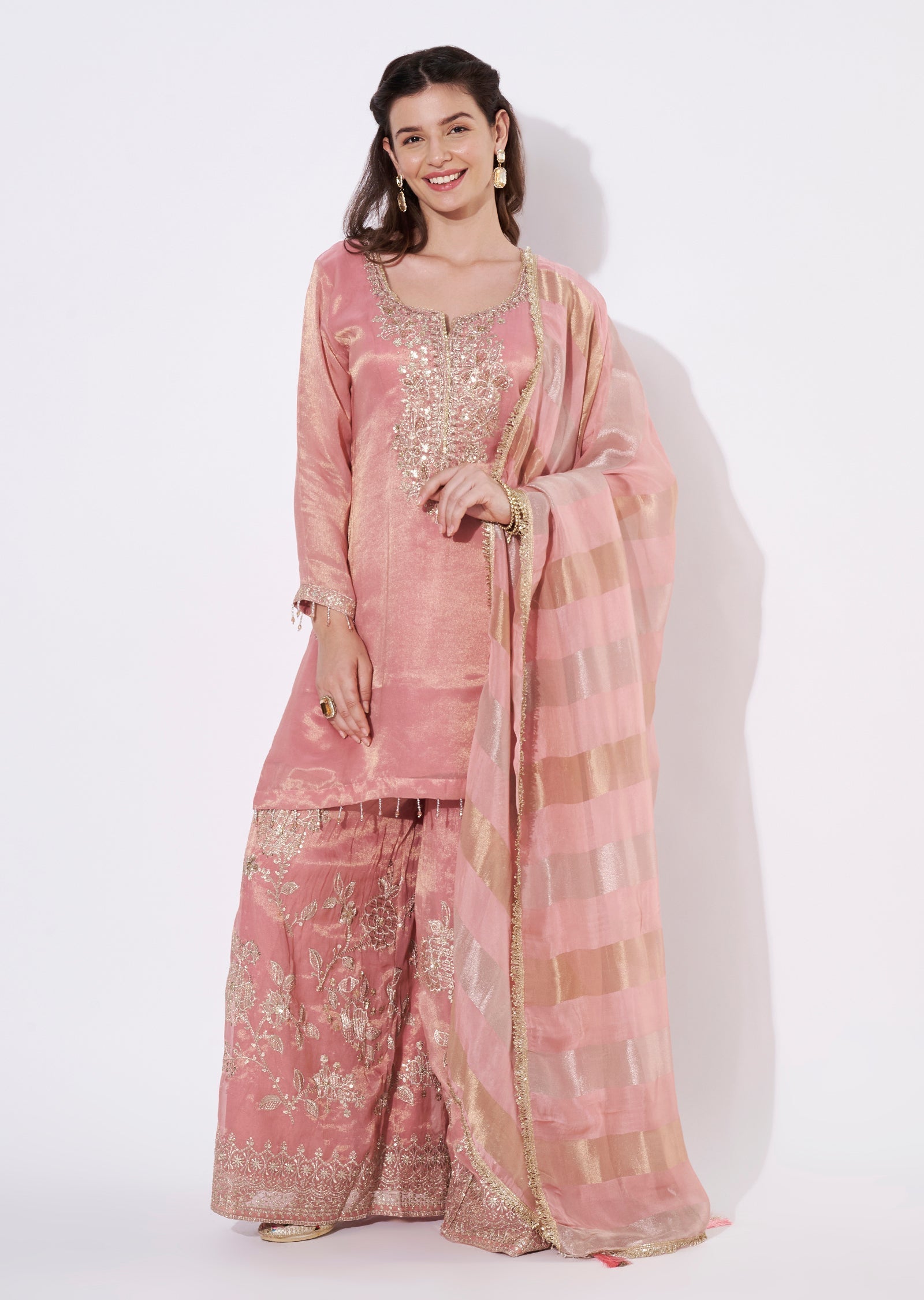 Onion Pink Tissue Sharara Set