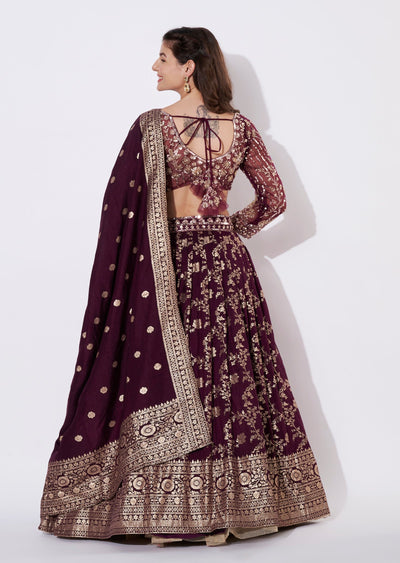 Wine Banaras Silk Lehenga Set