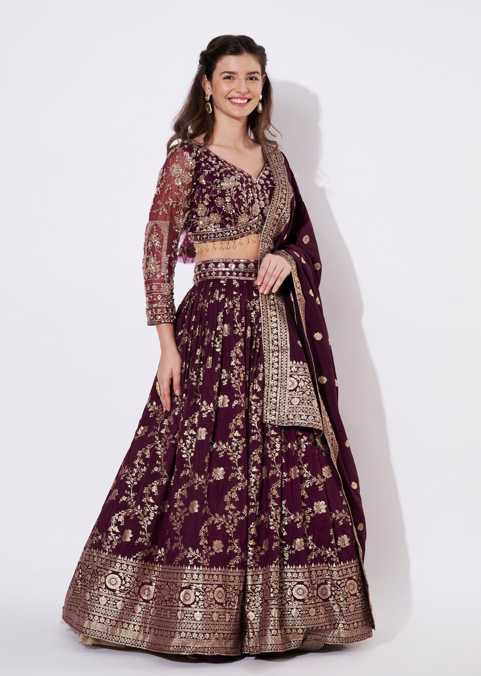 Wine Banaras Silk Lehenga Set