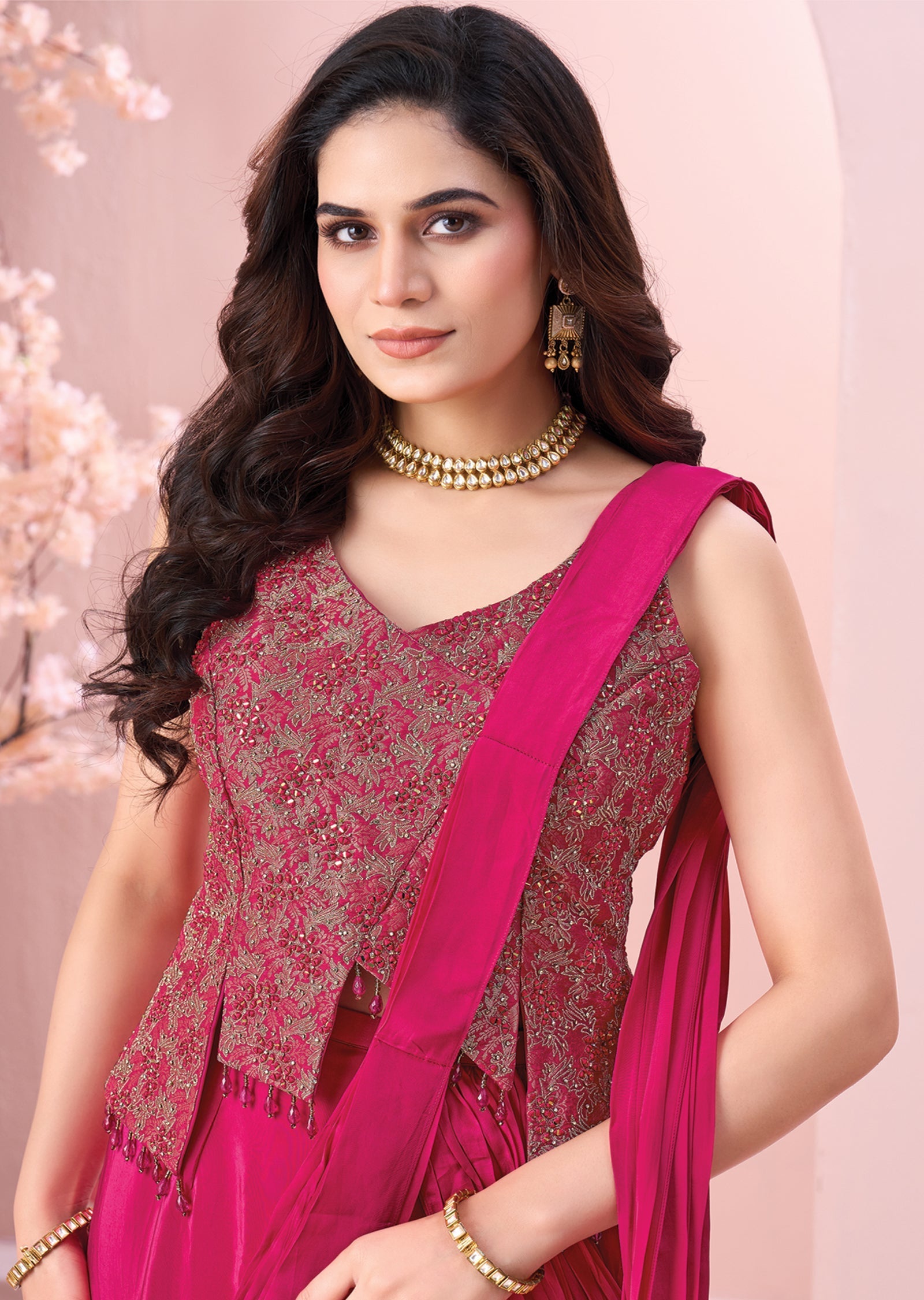 Pink Crepe Drape Saree