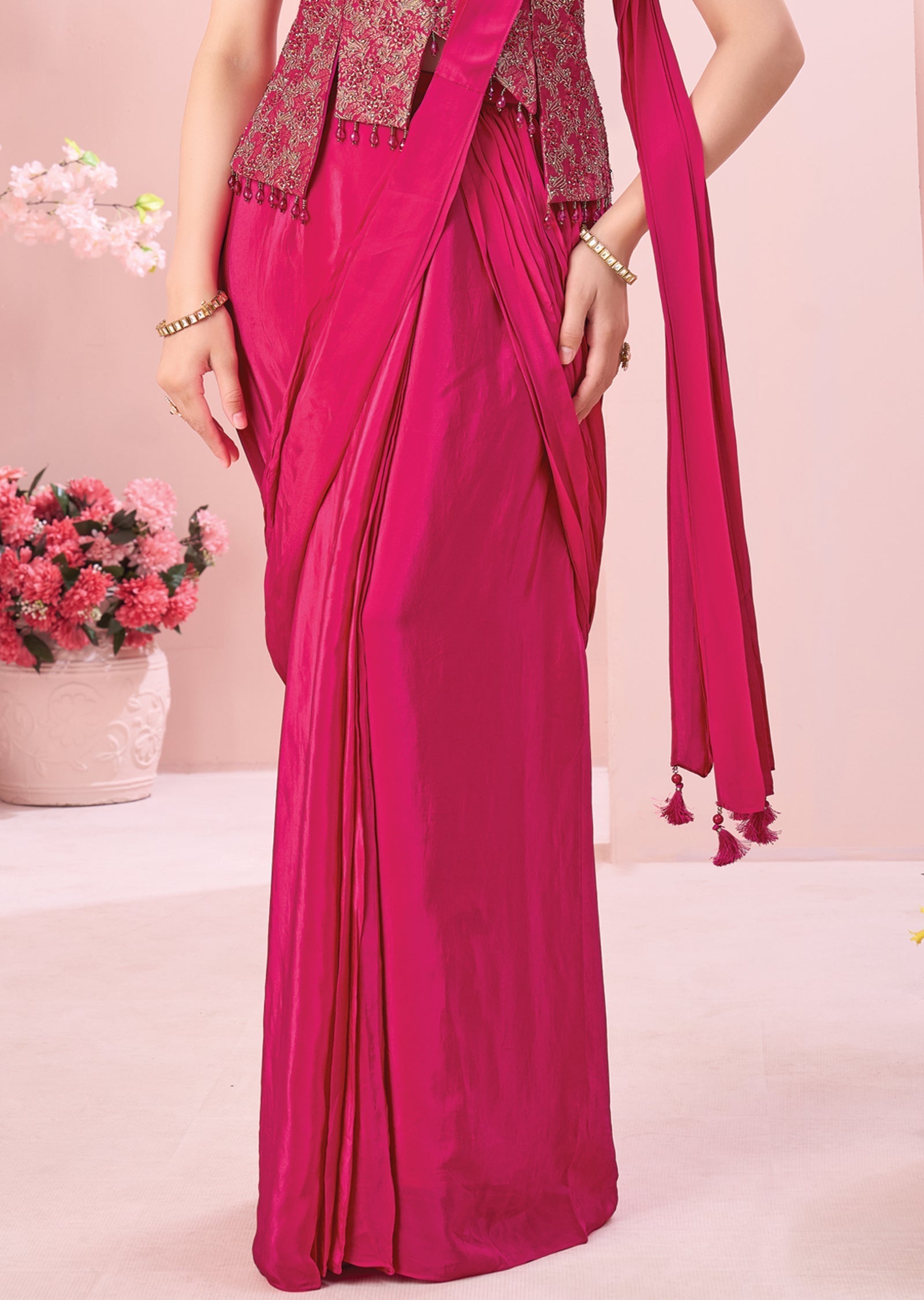 Pink Crepe Drape Saree