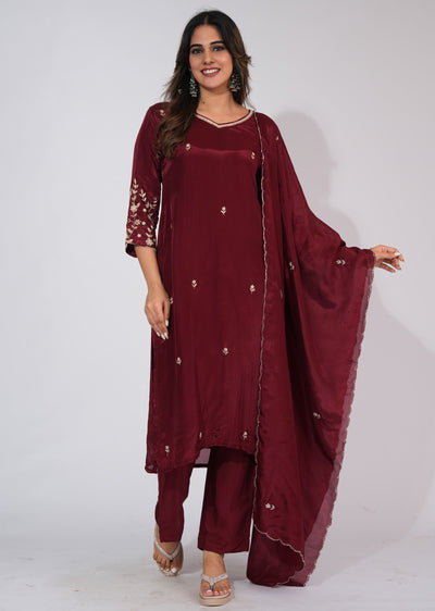 Maroon Silk Straight cut suit