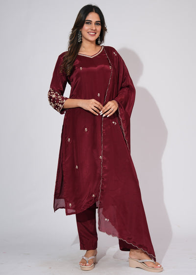 Maroon Silk Straight cut suit