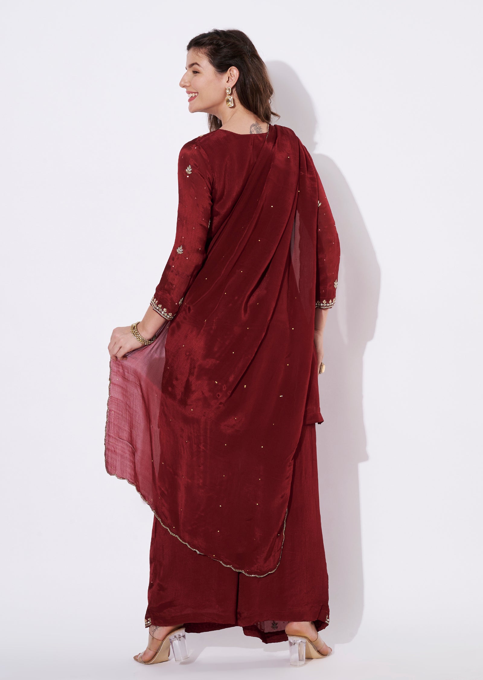 Maroon Chinnon Sharara Set