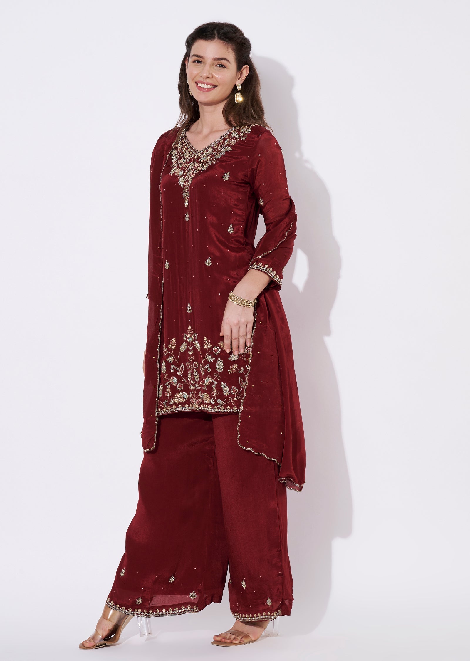 Maroon Chinnon Sharara Set