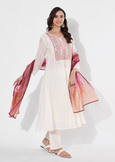 Cream & pink Chanderi Anarkali suit