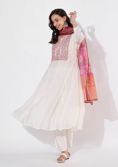 Cream & pink Chanderi Anarkali suit