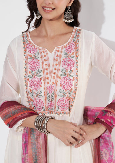 Cream & pink Chanderi Anarkali suit