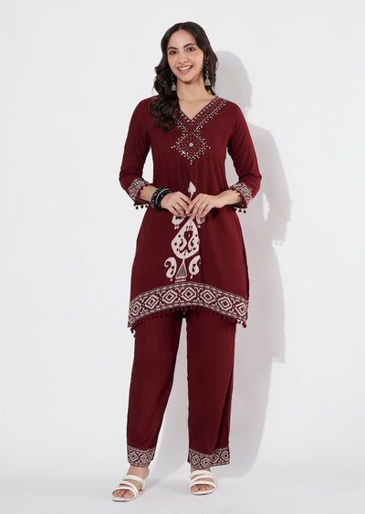 Dark Maroon Reyon Straight cut Kurti set