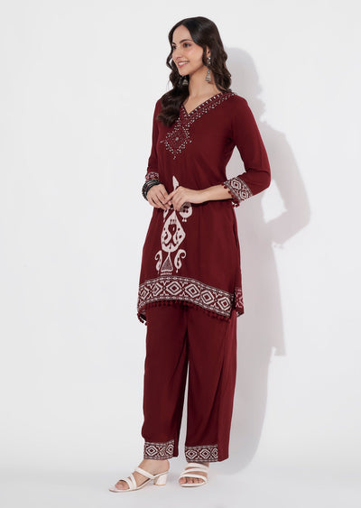 Dark Maroon Reyon Straight cut Kurti set