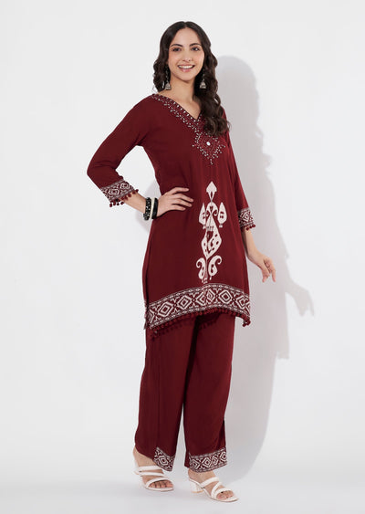 Dark Maroon Reyon Straight cut Kurti set