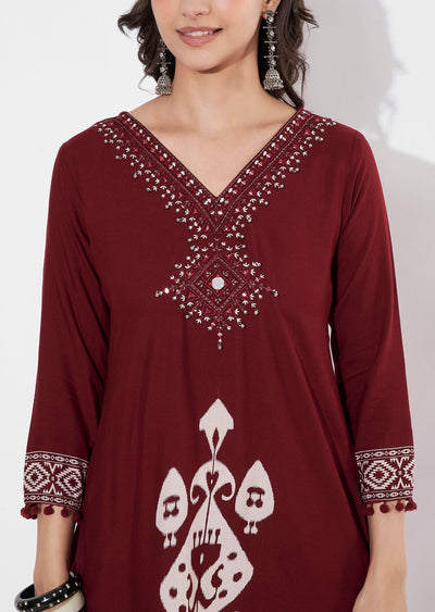 Dark Maroon Reyon Straight cut Kurti set