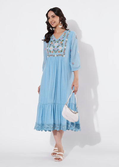 Sky Blue Linen Georgette Frock style kurti