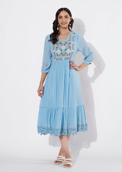 Sky Blue Linen Georgette Frock style kurti