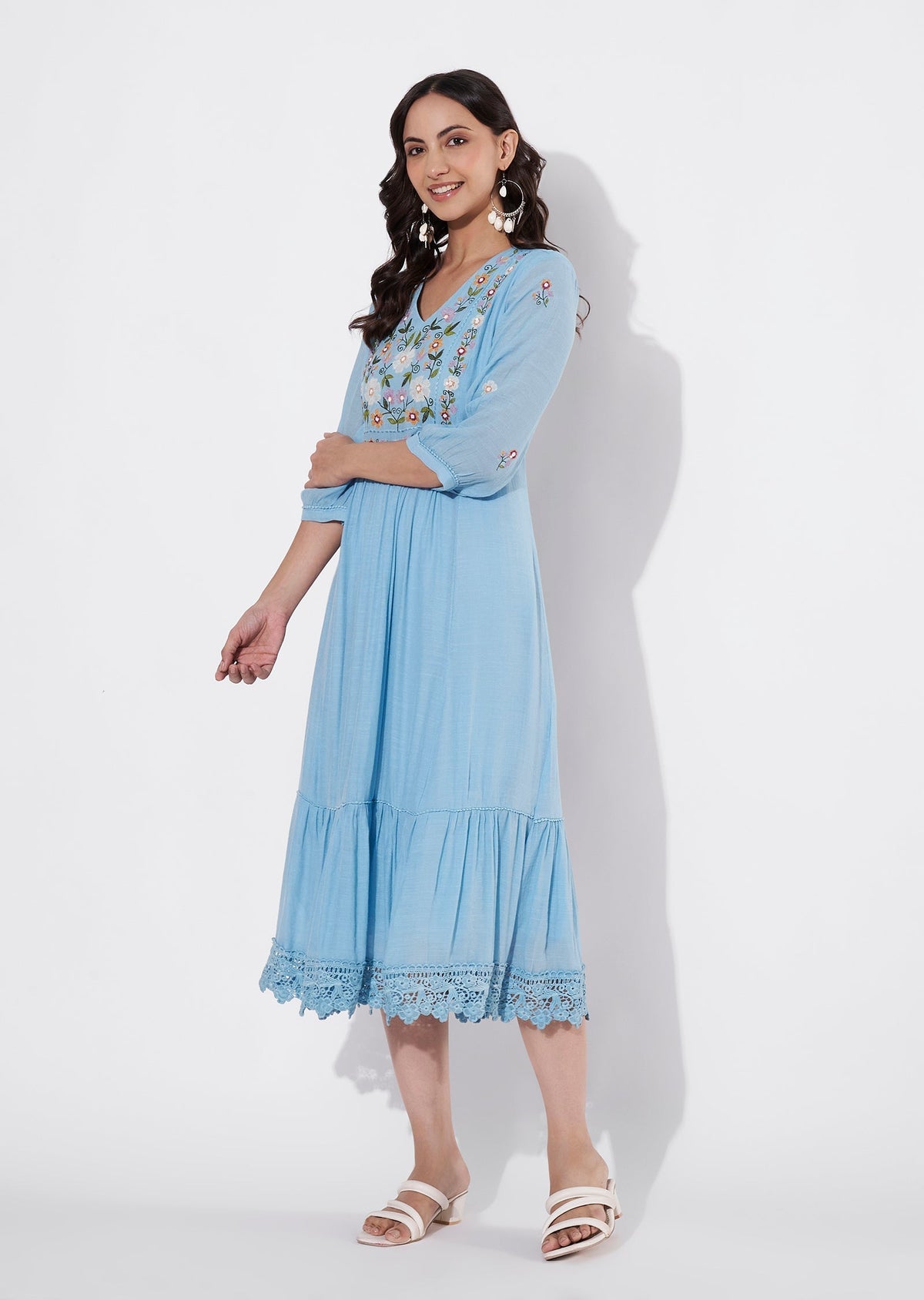 Sky Blue Linen Georgette Frock style kurti