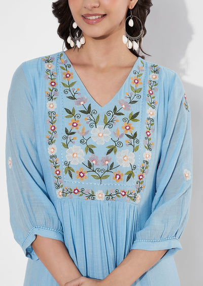 Sky Blue Linen Georgette Frock style kurti