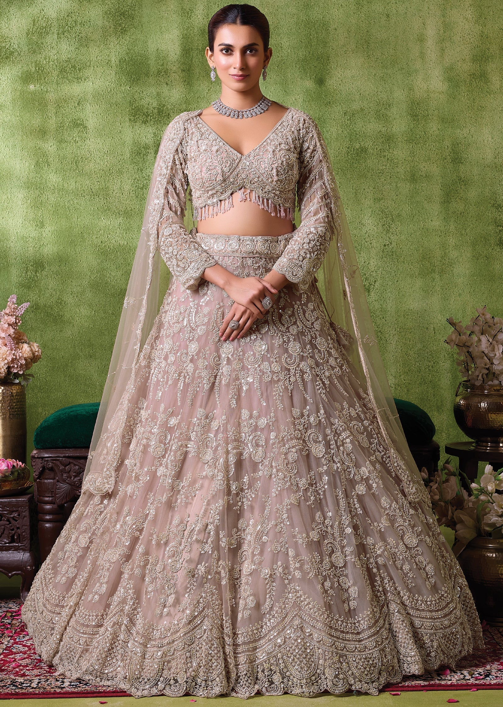Beige Net Lehenga Set
