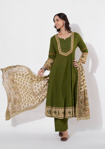 Mehndi Green Cotton Anarkali suit