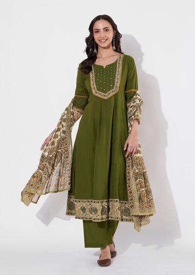 Mehndi Green Cotton Anarkali suit