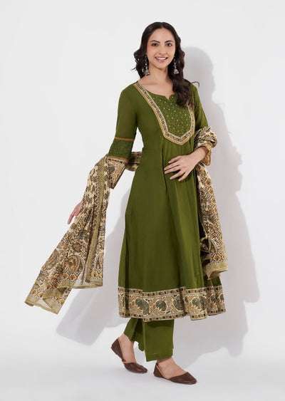 Mehndi Green Cotton Anarkali suit