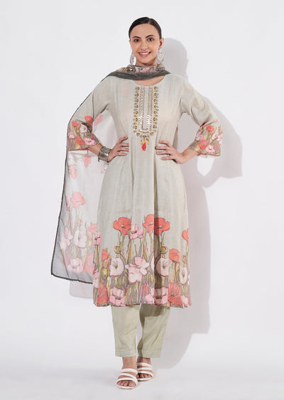 Pista Green Linen Cotton Anarkali suit