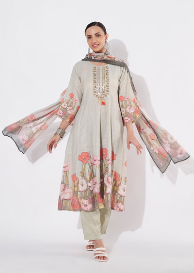 Pista Green Linen Cotton Anarkali suit