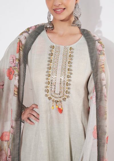 Pista Green Linen Cotton Anarkali suit