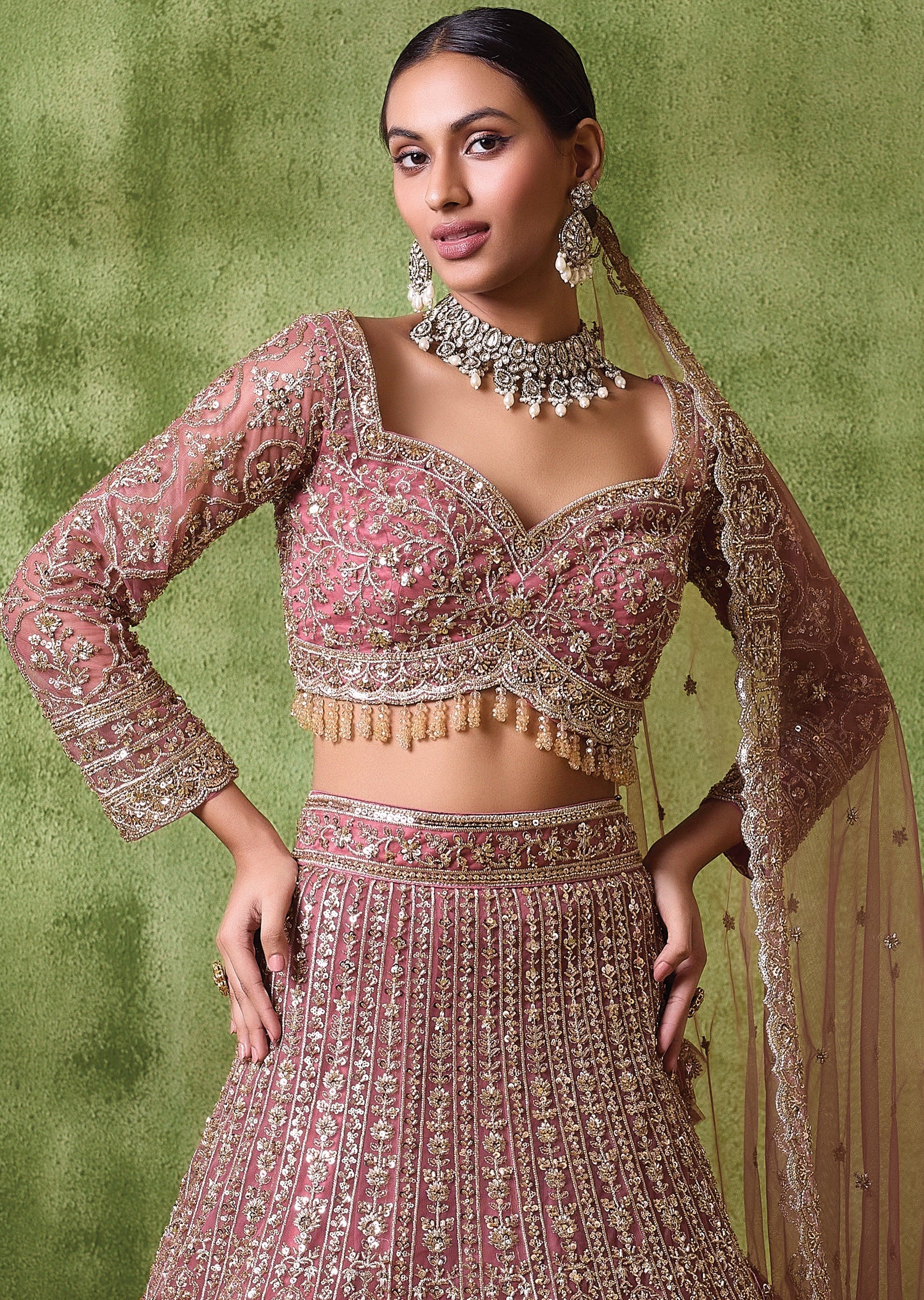 Onion Pink Net Lehenga Set