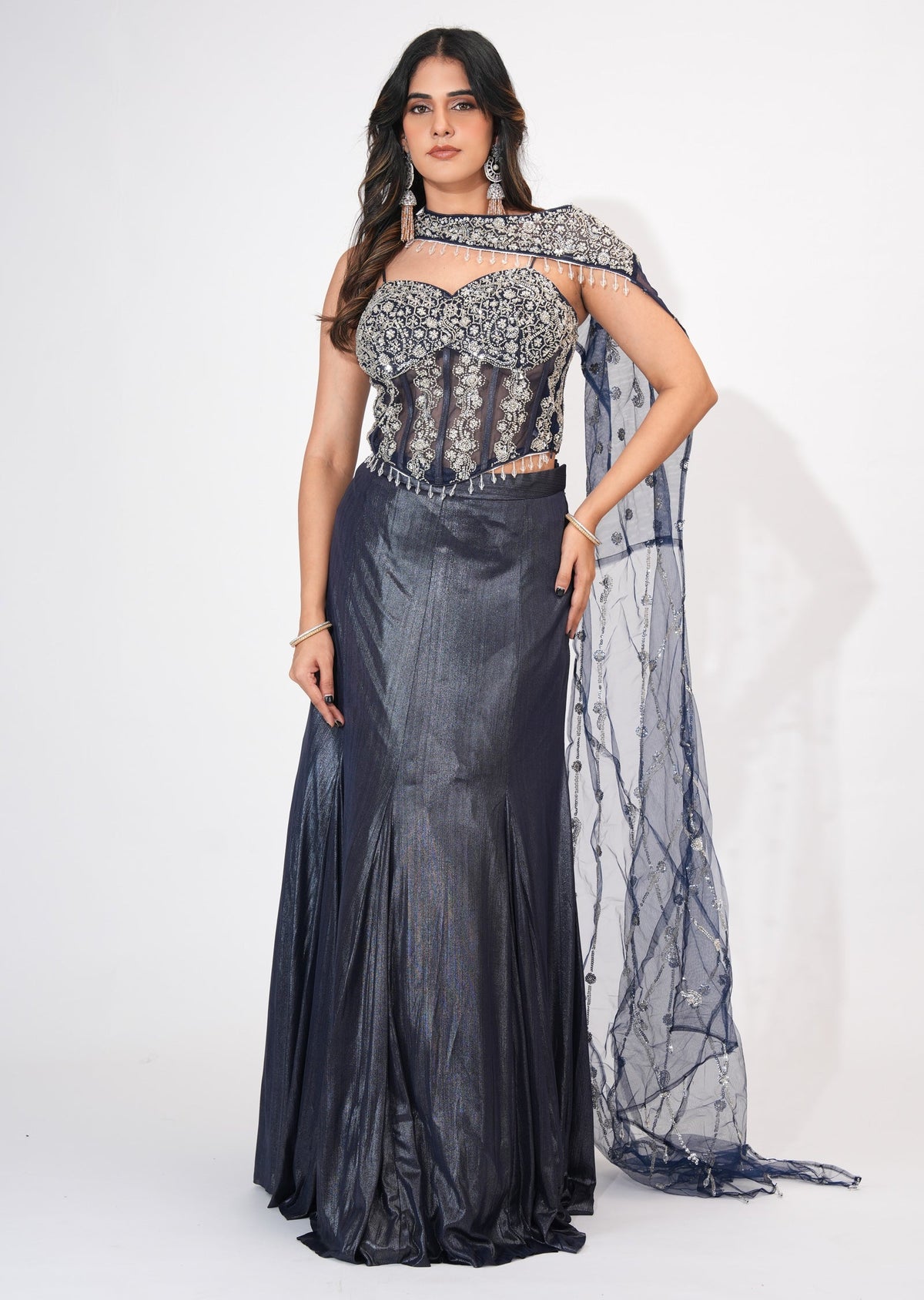 Navy Blue Shimmer Crop top Set