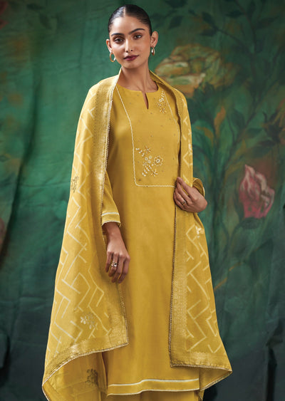 Yellow Mul Chanderi Straight cut suit