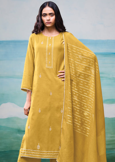 Mustard Mul Chanderi Straight cut suit