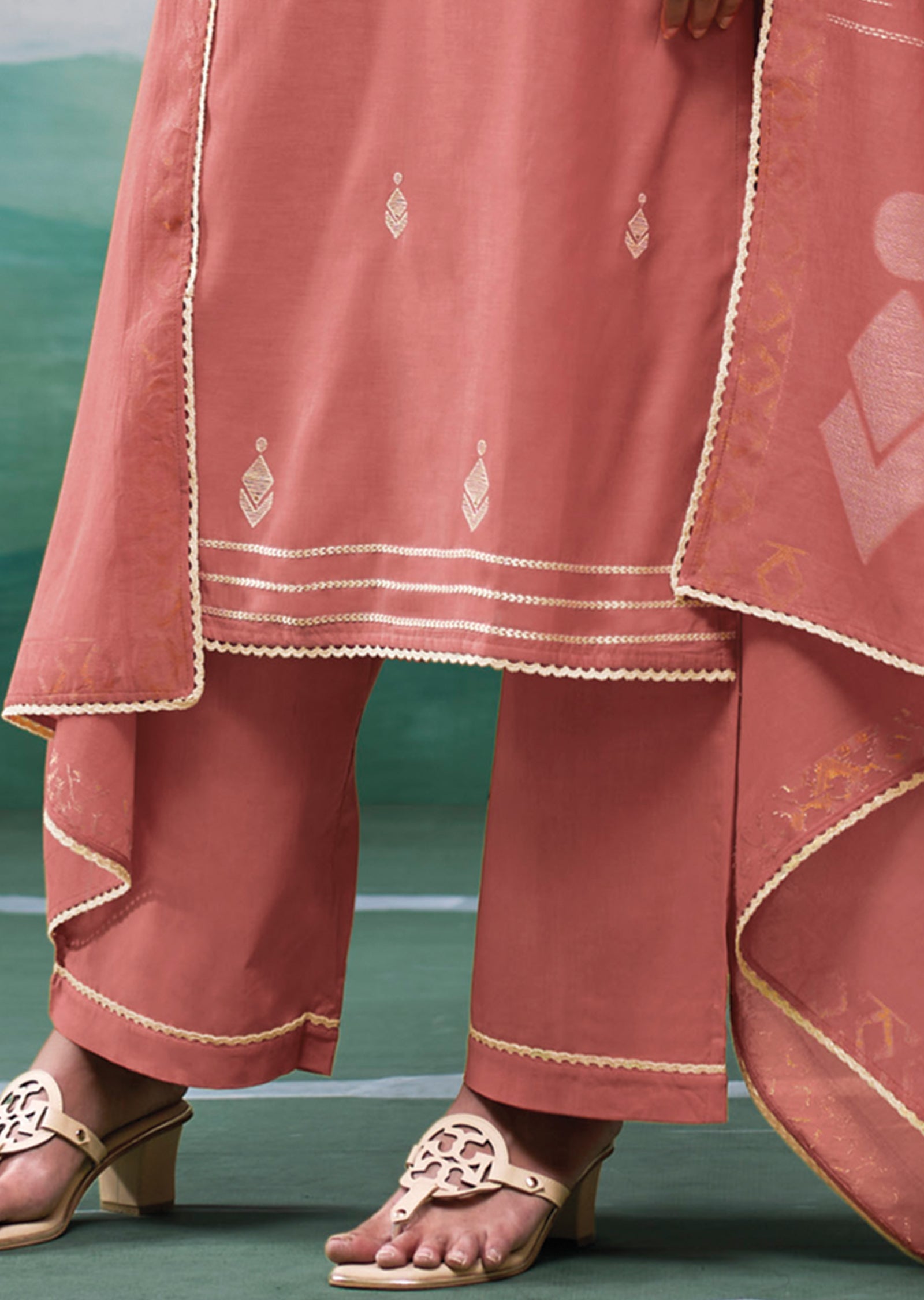 Peach Mul Chanderi Straight cut suit