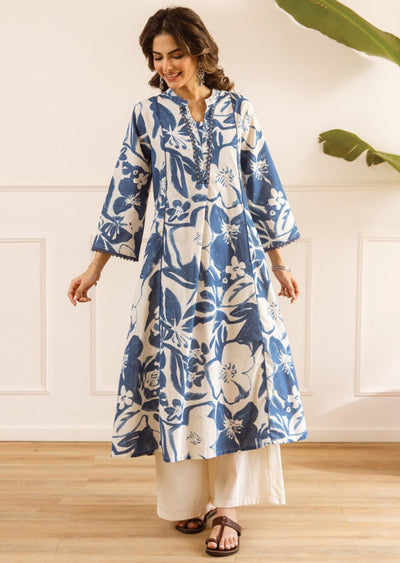 Cream & Blue Cotton Kurti Set