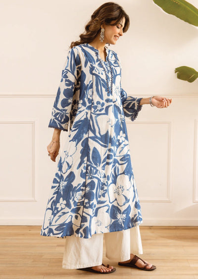 Cream & Blue Cotton Kurti Set
