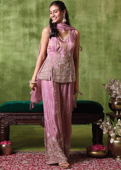 Onion Pink Tissue Sharara Set