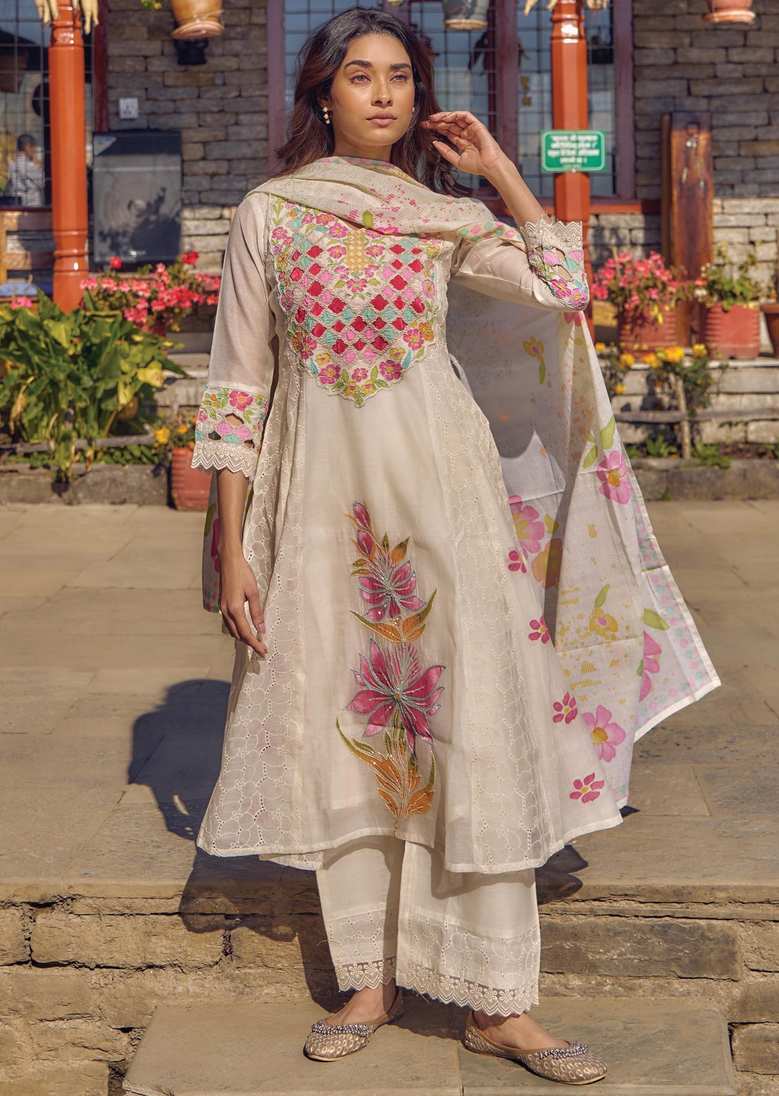 Off White & Light Yellow Cotton Anarkali Suit