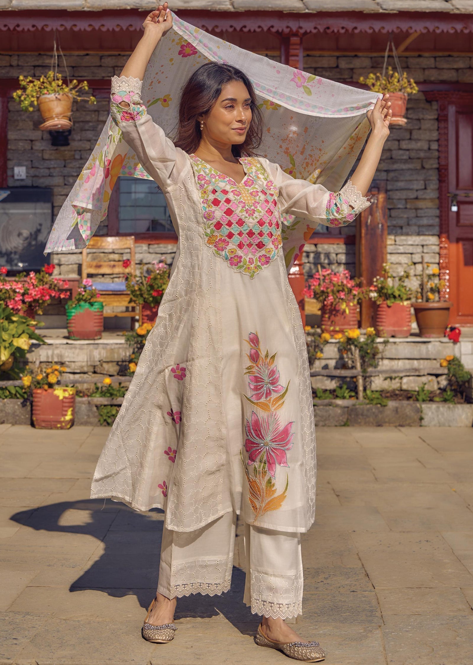 Off White & Light Yellow Cotton Anarkali Suit