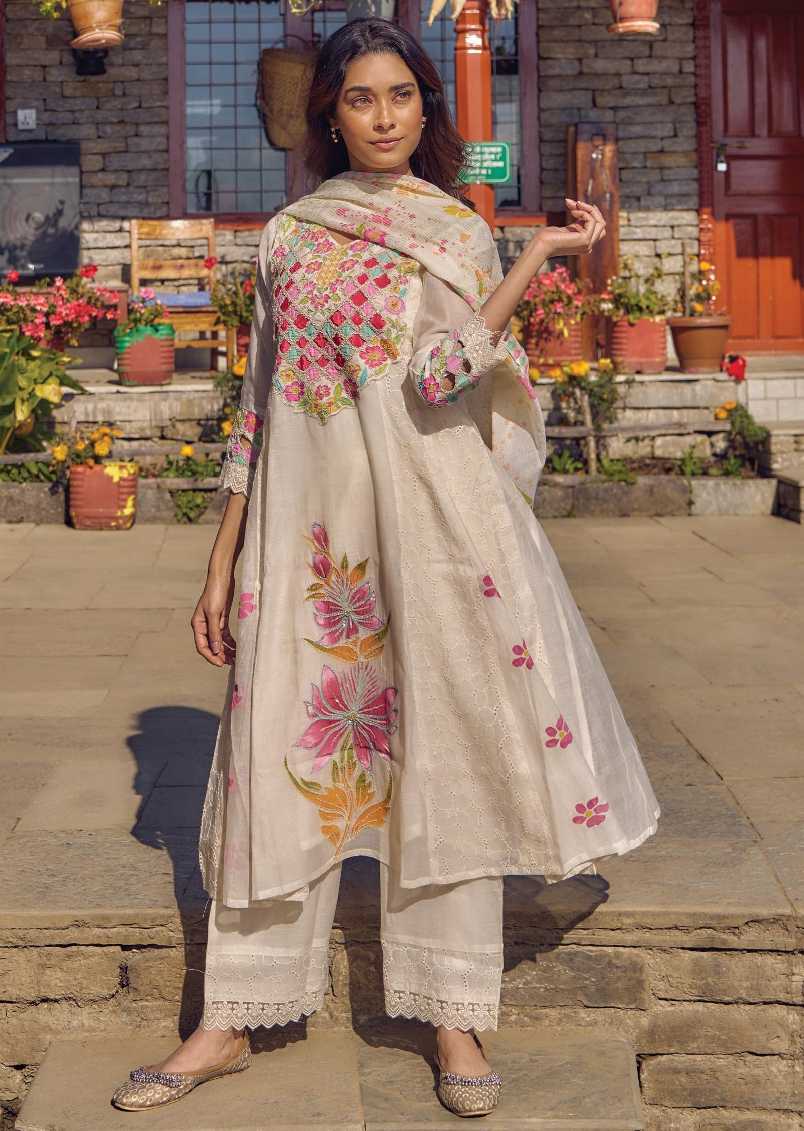Off White & Light Yellow Cotton Anarkali Suit
