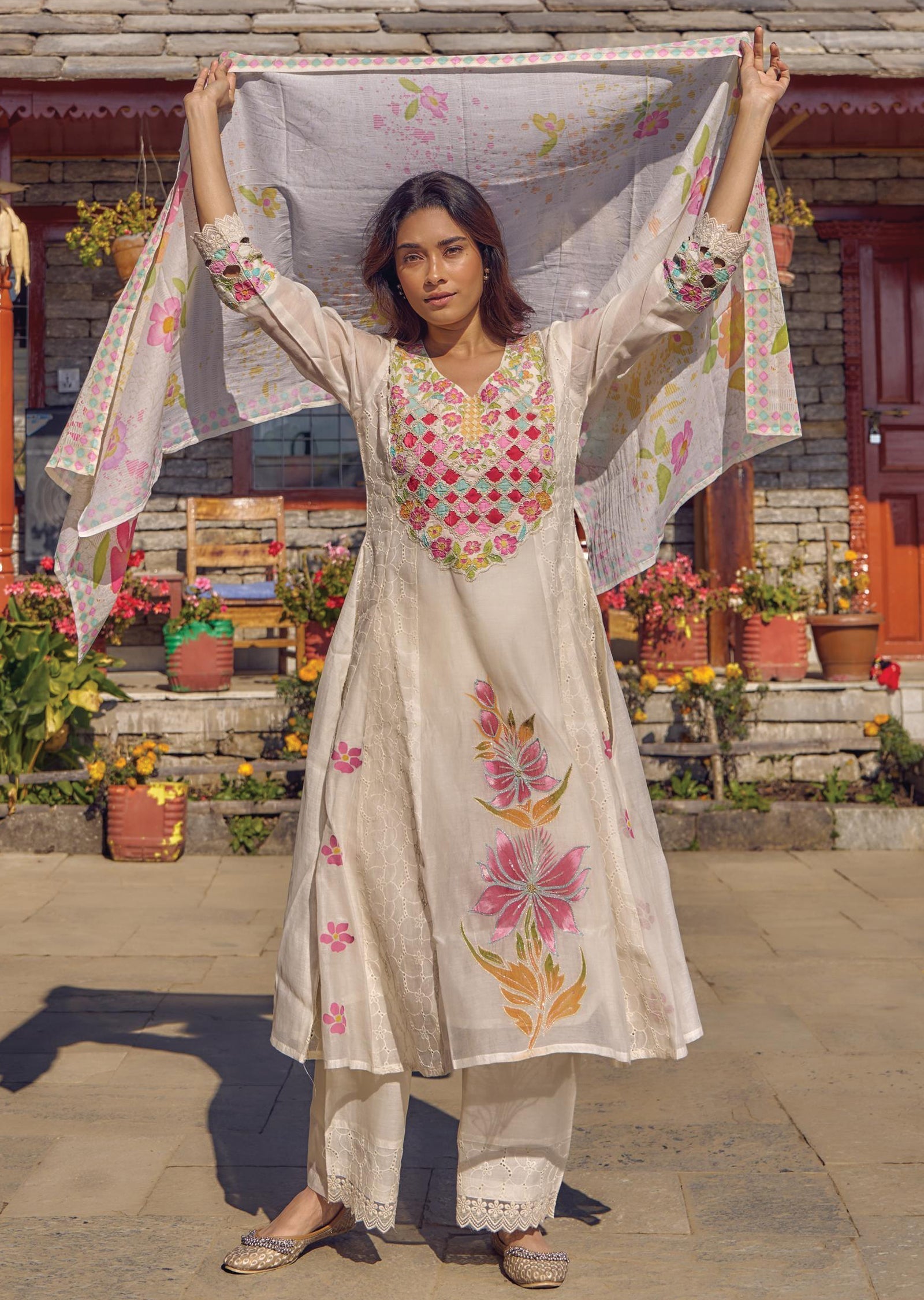 Off White & Light Yellow Cotton Anarkali Suit