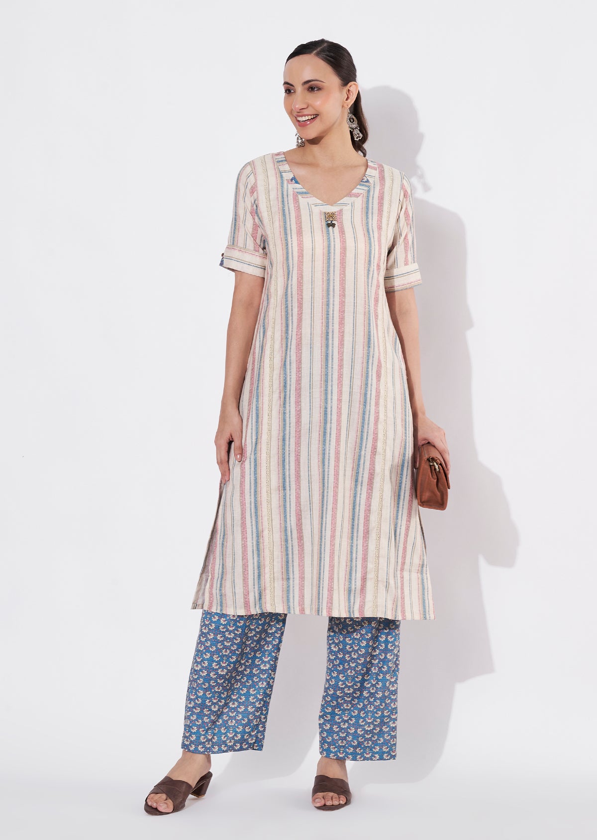 Beige Linen Cotton Straight cut Kurti set