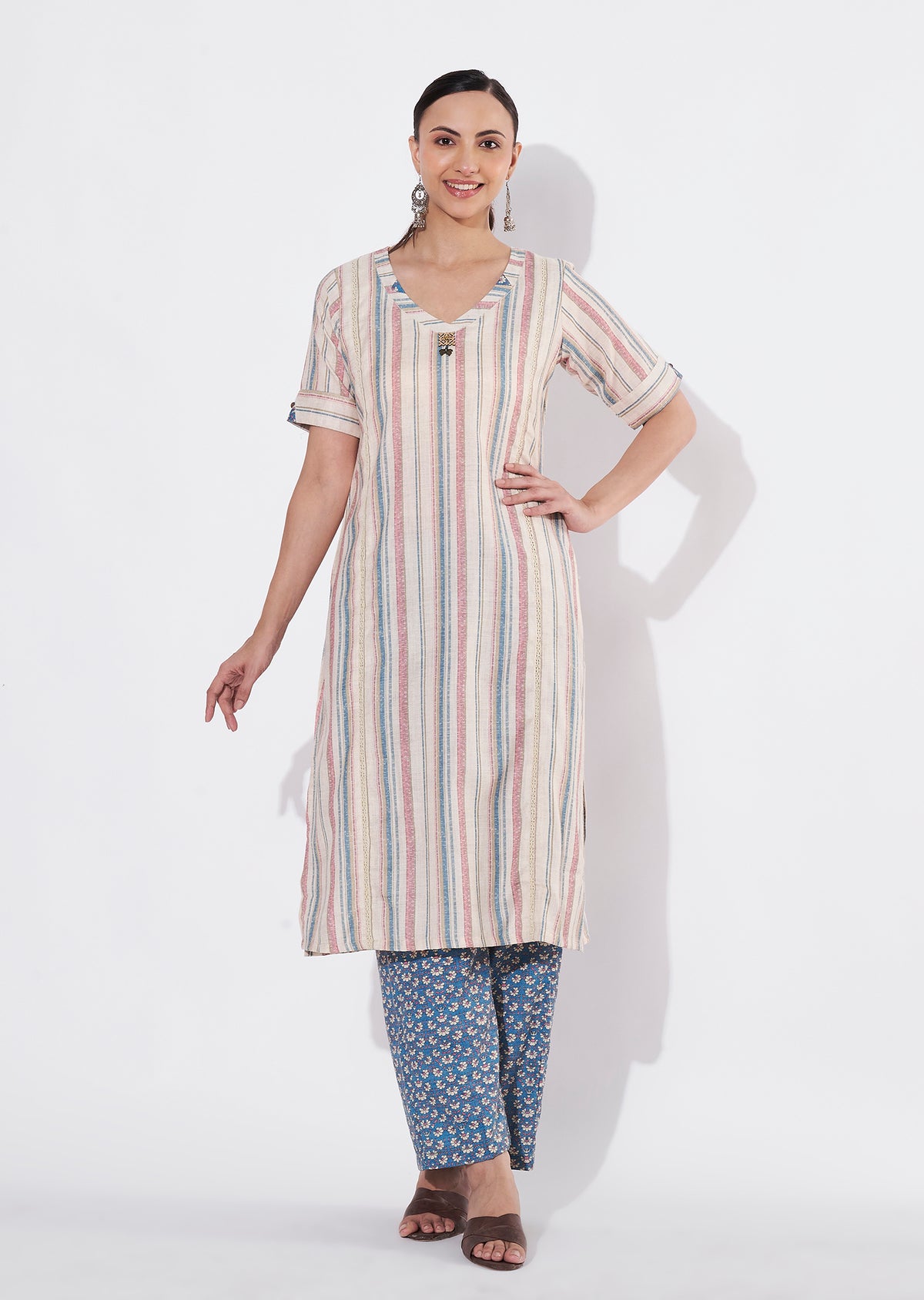 Beige Linen Cotton Straight cut Kurti set