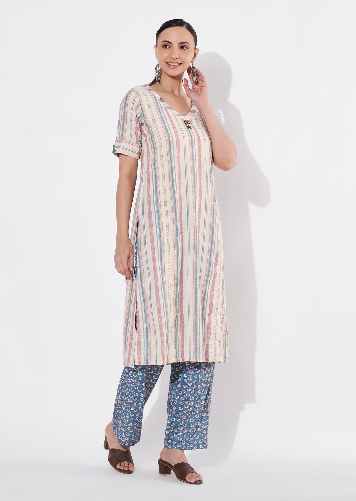 Beige Linen Cotton Straight cut Kurti set