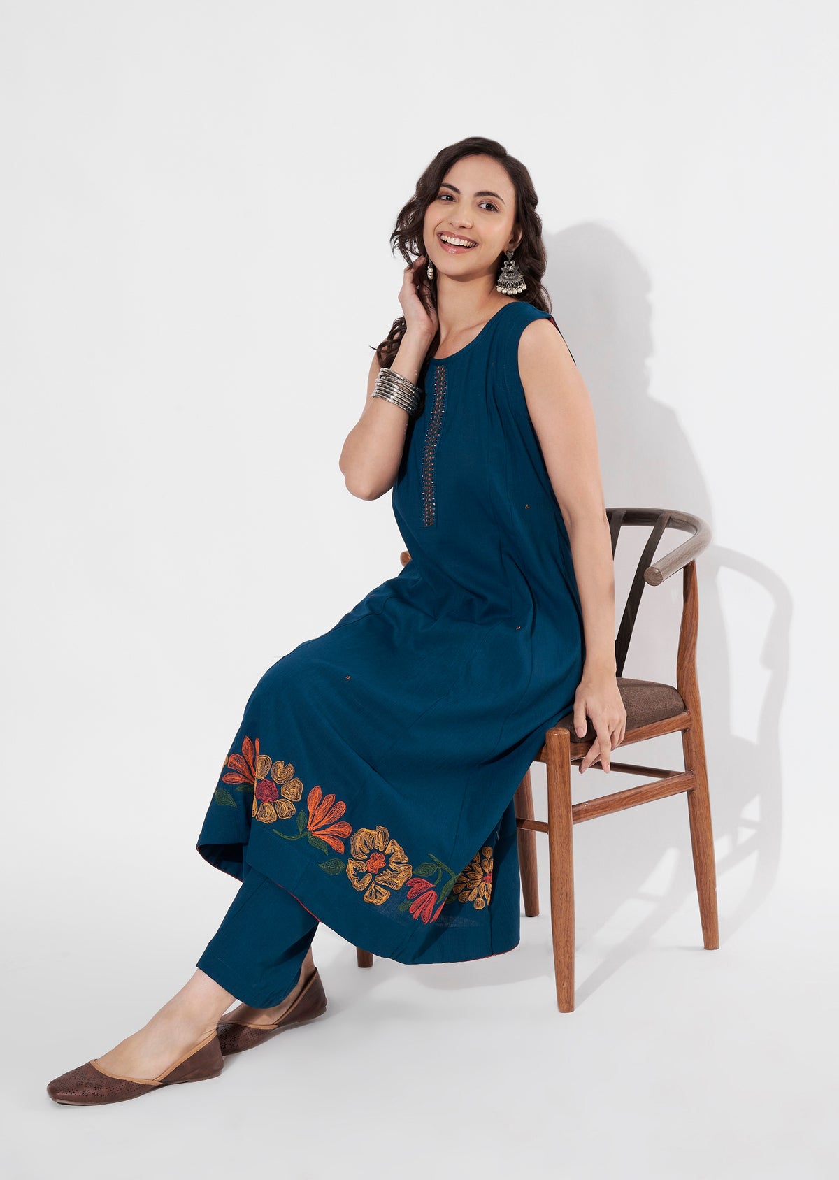 Rama Blue Gold Frock style kurti set