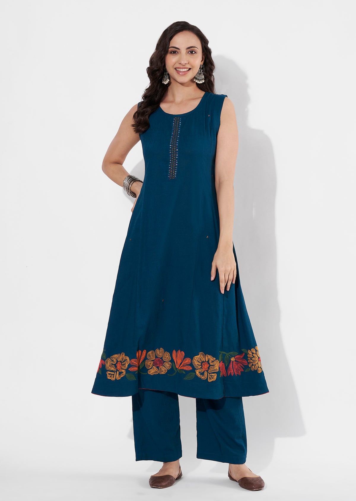 Rama Blue Gold Frock style kurti set