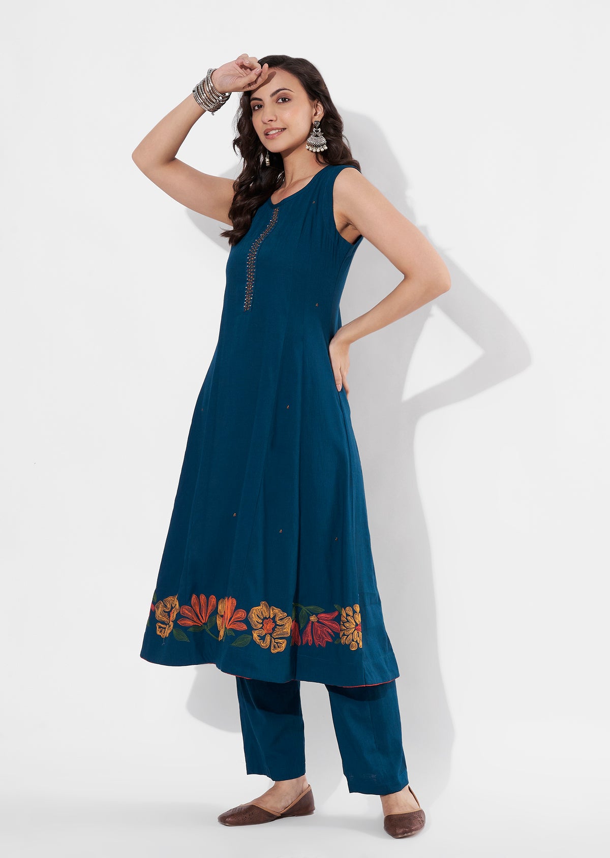 Rama Blue Gold Frock style kurti set