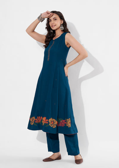 Rama Blue Gold Frock style kurti set