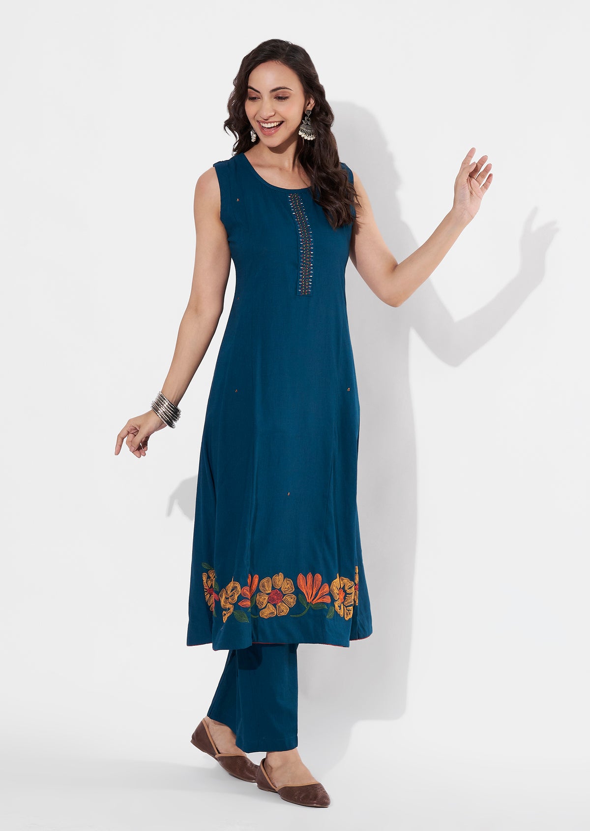 Rama Blue Gold Frock style kurti set