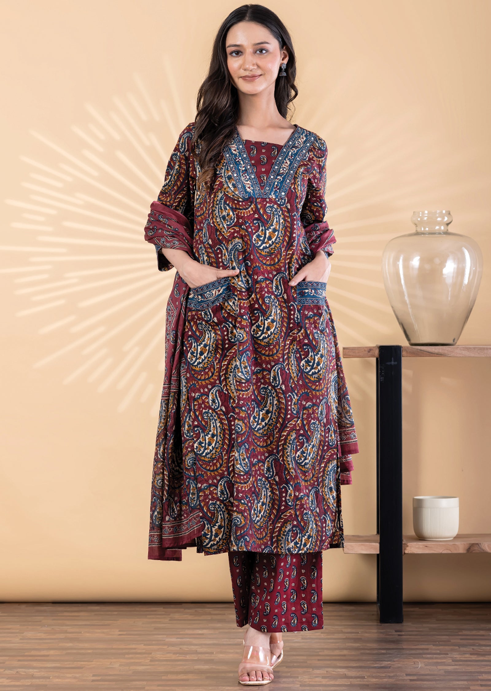 Maroon Cotton Straight cut suit